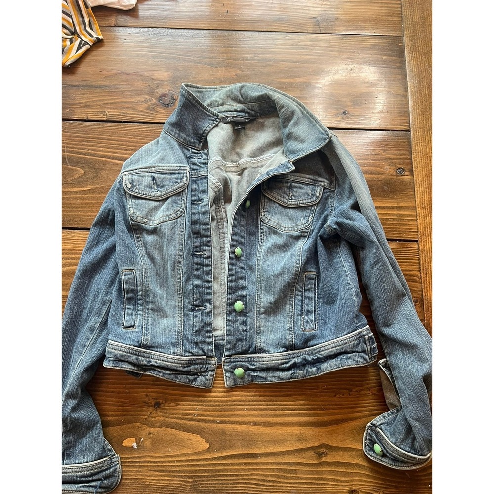 INC Womens Medium Wash Denim Cropped Jacket Green Buttons S
